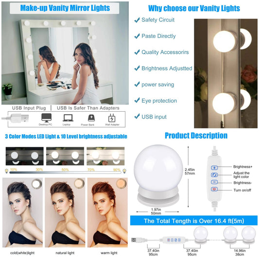 Make Up Mirror Vanity Light 10 Dimmable Bulb Adjustable Color Brightness Light Stick On For Makeup Table Dressing
