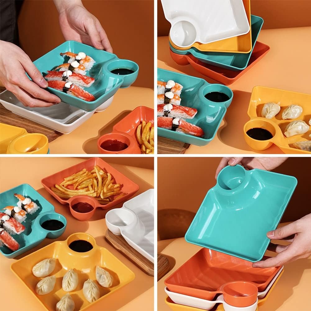 Simpleselect.pk® Plastic Dumpling Plates with Sauce Compartment Square Serving Plates with Sauce Holder