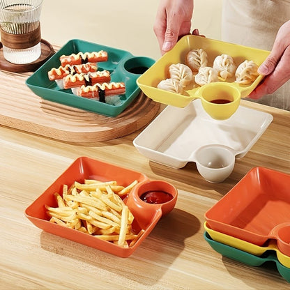 Simpleselect.pk® Plastic Dumpling Plates with Sauce Compartment Square Serving Plates with Sauce Holder