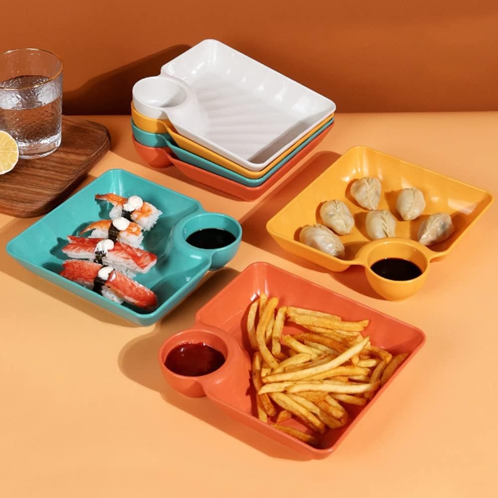 Simpleselect.pk® Plastic Dumpling Plates with Sauce Compartment Square Serving Plates with Sauce Holder