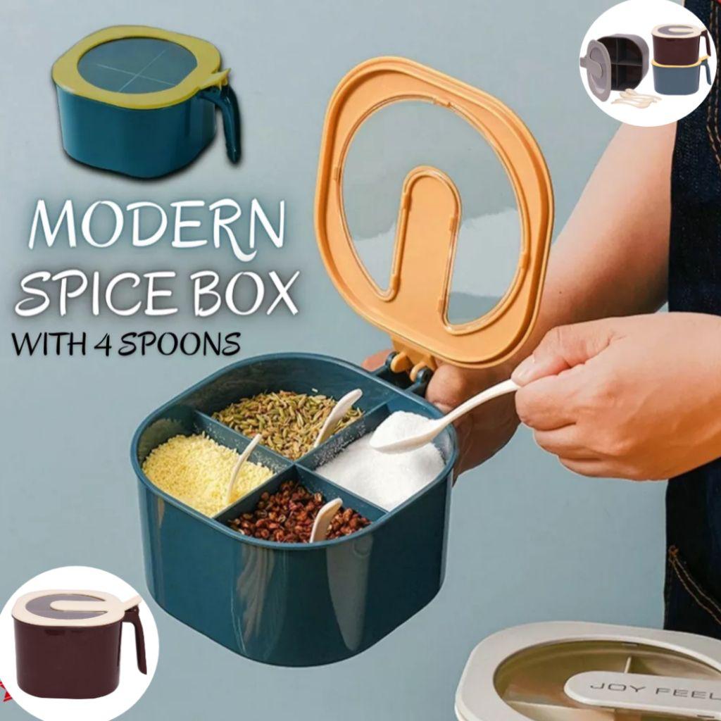4-Compartment Seasoning Box with Lid & Spoon – Kitchen Spice Storage Container 🧂✨