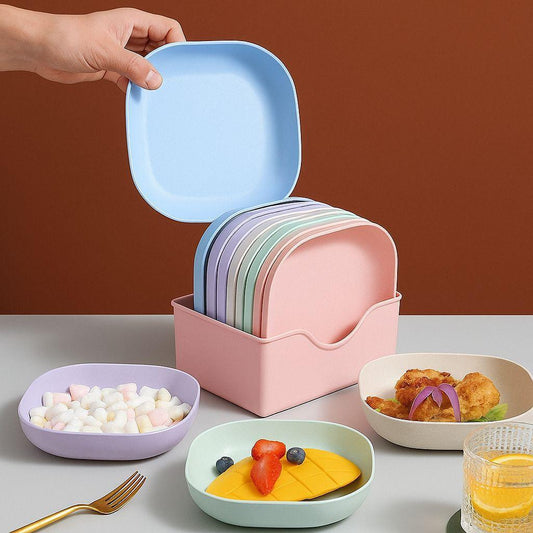 10pcs Square Plastic Snack Plate Set with Stand – Versatile Food Trays for Home & Parties 🍽️✨