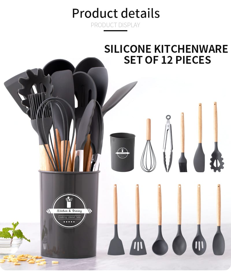 12-Piece Set Silicone Kitchen Tools Heat Resistant Non-Stick Cooking Spatula Spoon Wood Handle Storage Bucket Cooking Accessorie