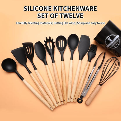 12-Piece Set Silicone Kitchen Tools Heat Resistant Non-Stick Cooking Spatula Spoon Wood Handle Storage Bucket Cooking Accessorie