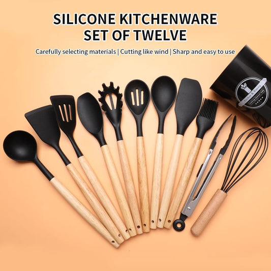 12-Piece Set Silicone Kitchen Tools Heat Resistant Non-Stick Cooking Spatula Spoon Wood Handle Storage Bucket Cooking Accessorie