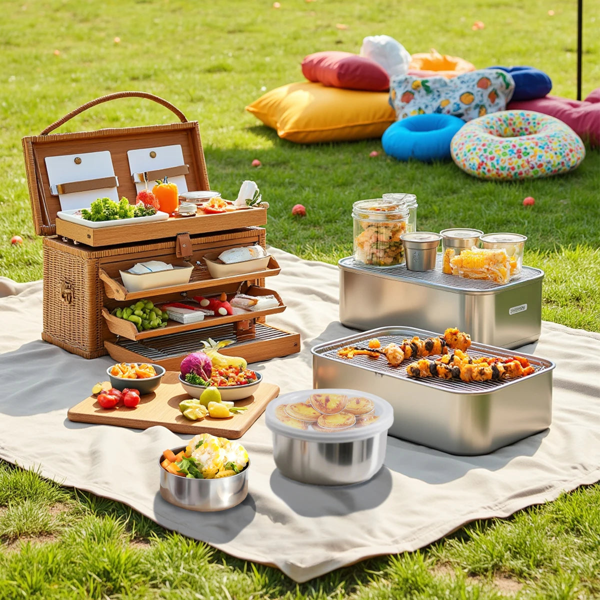 5-piece stainless steel preservation box with silicone sealing cover, used for refrigerator food preservation and marinated meat