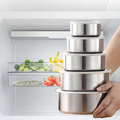 5-piece stainless steel preservation box with silicone sealing cover, used for refrigerator food preservation and marinated meat