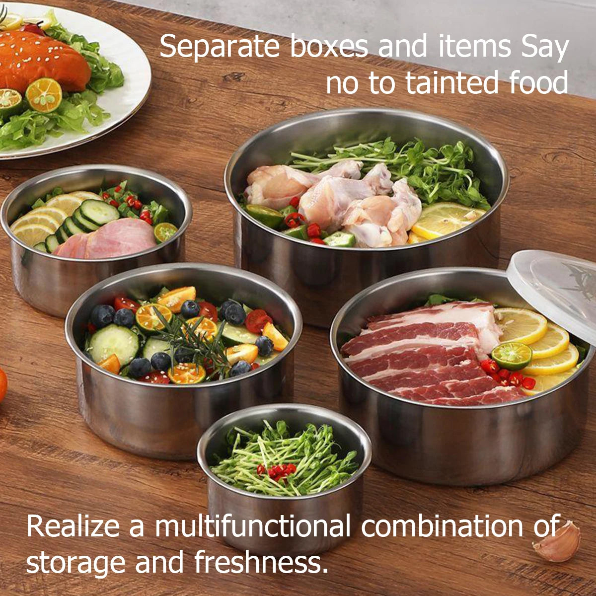 5-piece stainless steel preservation box with silicone sealing cover, used for refrigerator food preservation and marinated meat