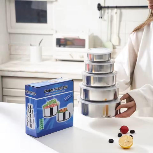 5-piece stainless steel preservation box with silicone sealing cover, used for refrigerator food preservation and marinated meat