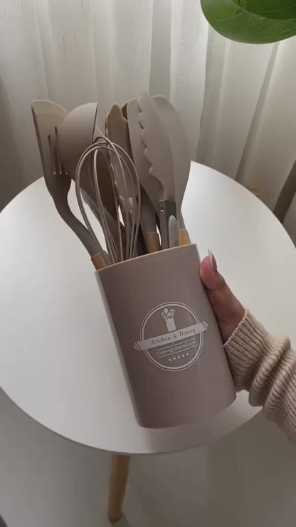 12-Piece Set Silicone Kitchen Tools Heat Resistant Non-Stick Cooking Spatula Spoon Wood Handle Storage Bucket Cooking Accessorie